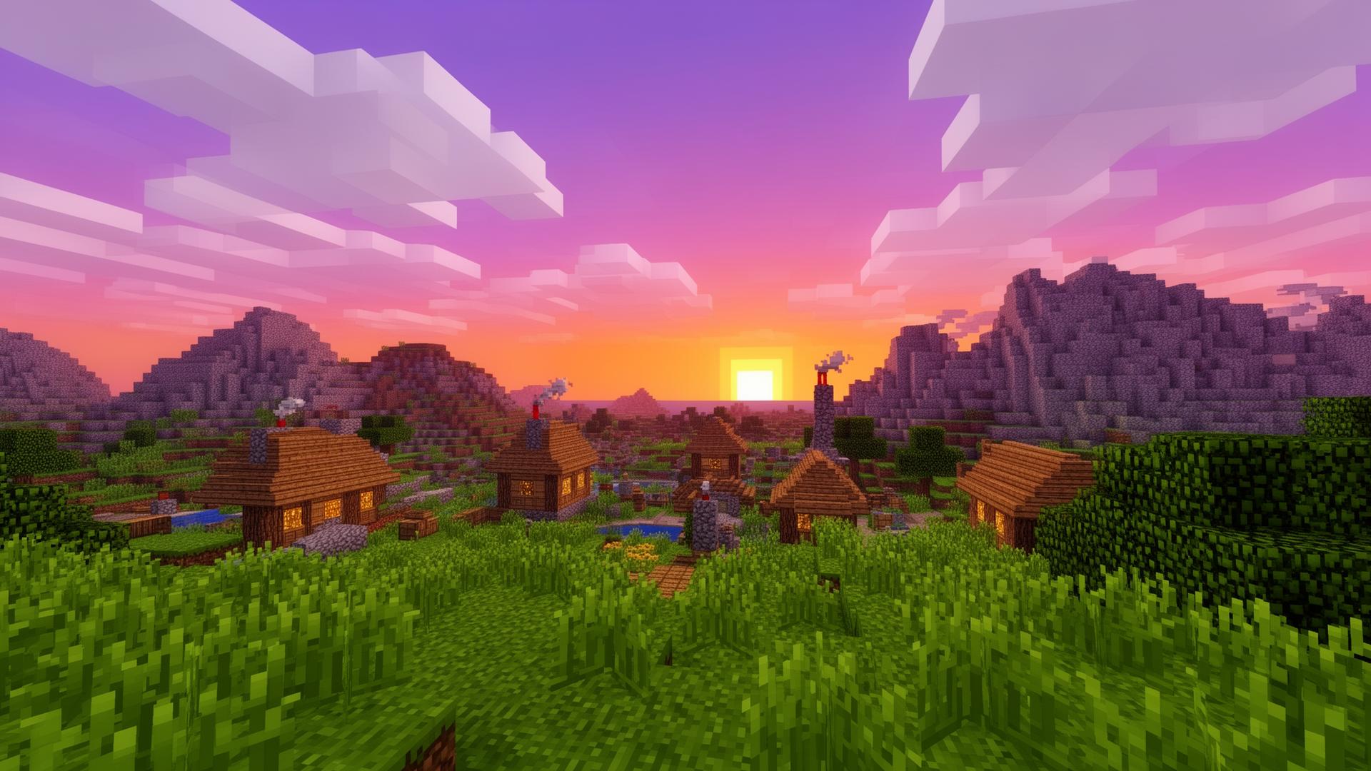 Minecraft landscape at sunset